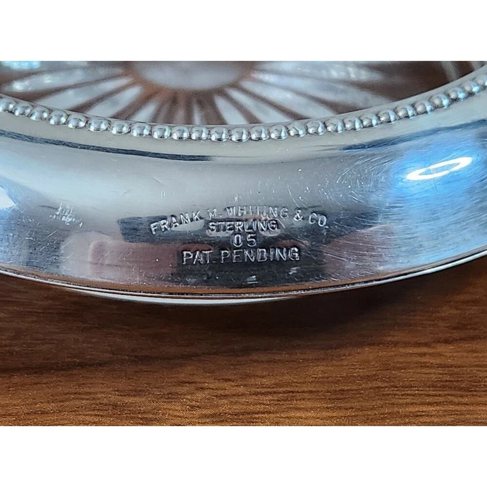 Vintage Set 6 Frank M. Whiting & Co Sterling Silver Glass Coasters #05 Starburst